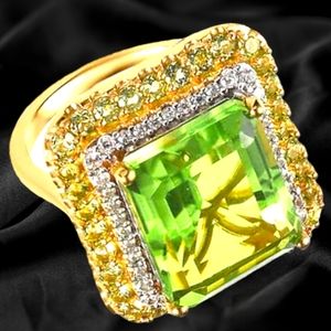 NWT CHARTREUSE QUARTZ & MULTI GEMSTONE HALO RING IN 14K YG OVER STERLING SILVER